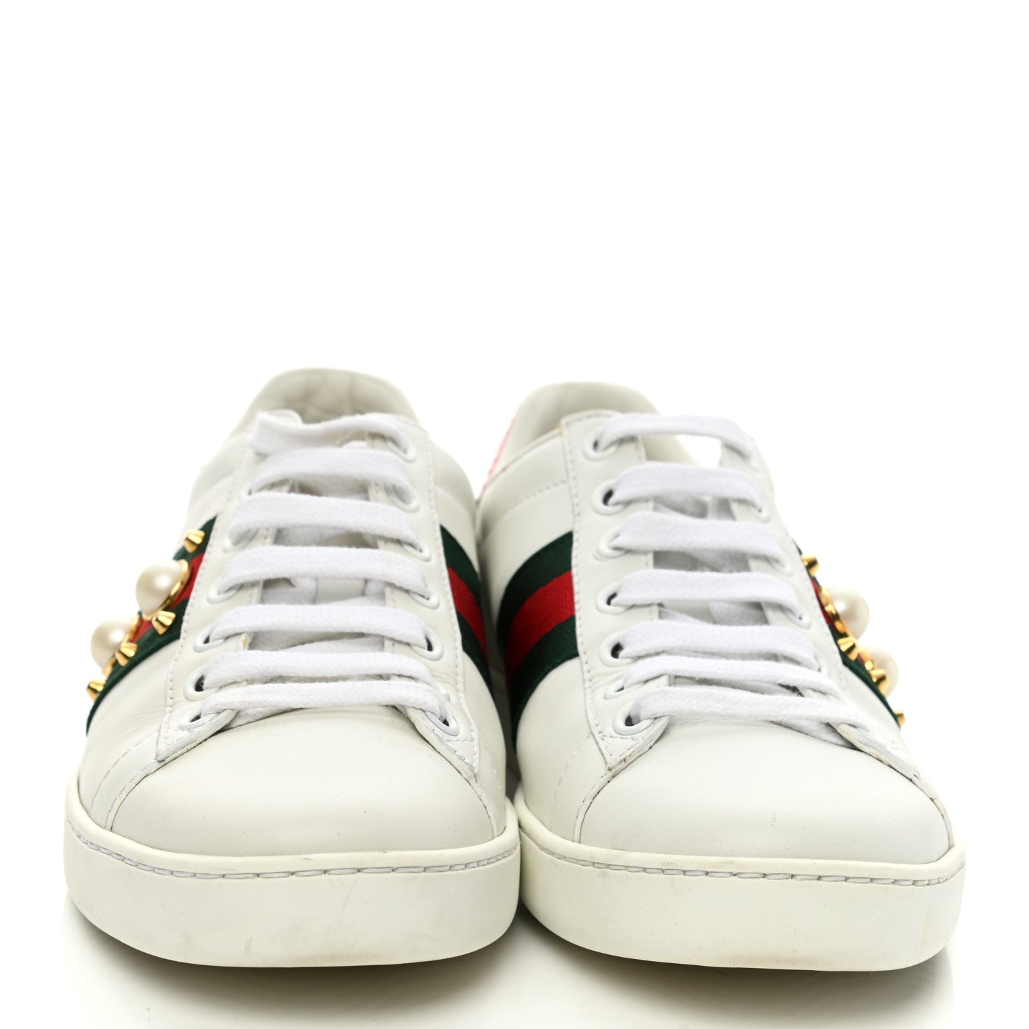 Gucci Calfskin Web Pearl Studded Womens Ace Sneakers 35 White 2 of 9