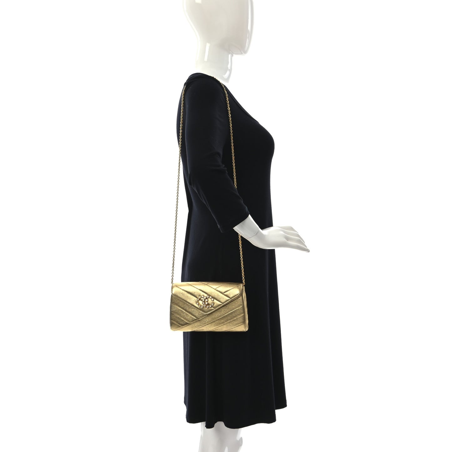 Metallic Lambskin Crystal Chevron Chain Clutch Gold