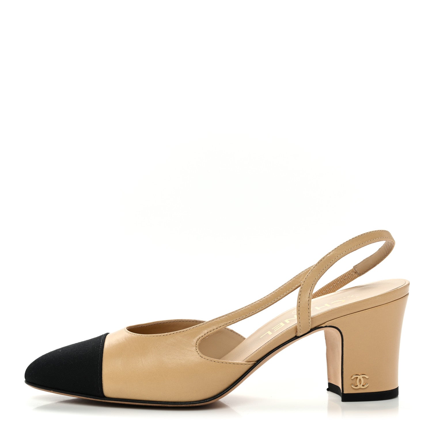 Chanel Goatskin Grosgrain Cap Toe CC Slingback Pumps 36 Beige Black 1 of 10