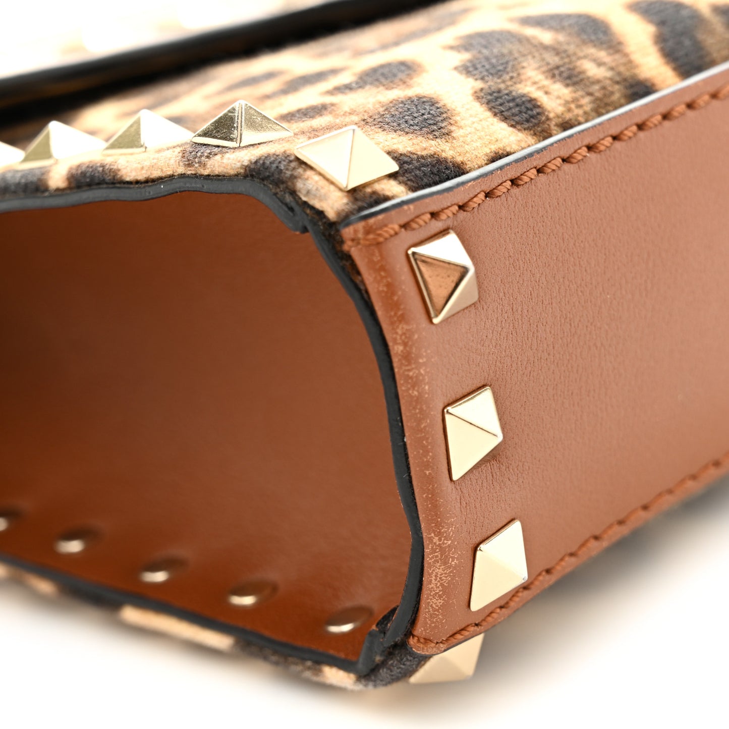 Calfskin Canvas Leopard Print Medium Rockstud Flip Lock Crossbody Bag Tan
