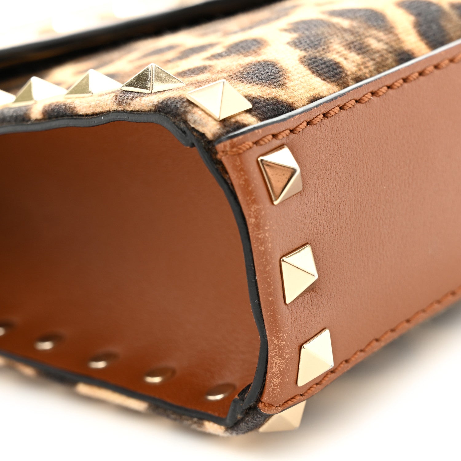 Valentino Garavani Calfskin Canvas Leopard Print Medium Rockstud Flip Lock Crossbody Bag Tan 12 of 12