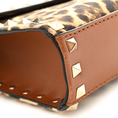 Valentino Garavani Calfskin Canvas Leopard Print Medium Rockstud Flip Lock Crossbody Bag Tan 12 of 12