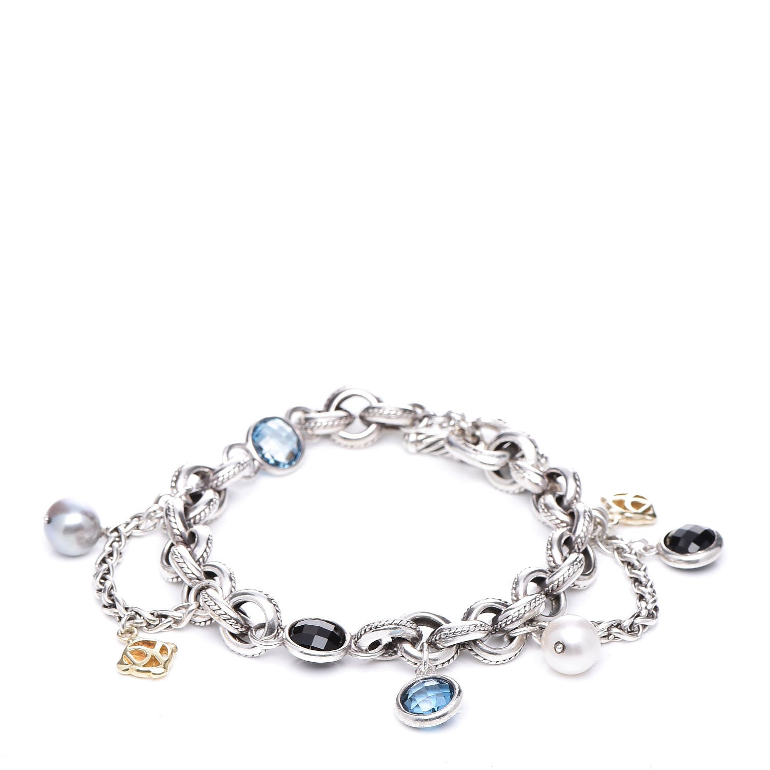 David Yurman Sterling Silver 18K Yellow Gold Blue Topaz Pearl Black Onyx Old World Charm Bracelet 1 of 5