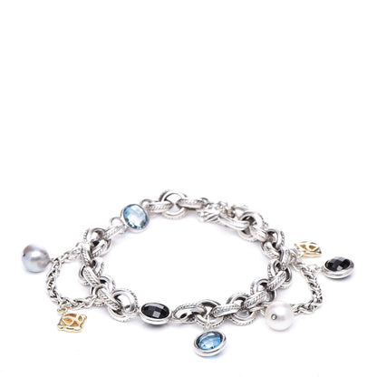David Yurman Sterling Silver 18K Yellow Gold Blue Topaz Pearl Black Onyx Old World Charm Bracelet 1 of 5