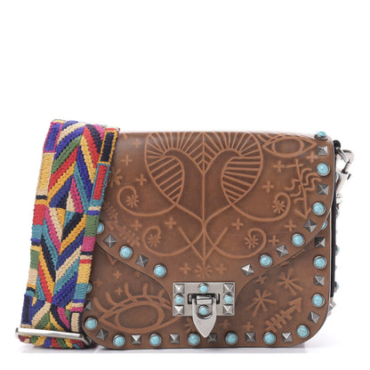 Valentino Garavani Calfskin Embossed Guitar Strap Rockstud Rolling Shoulder Flap Messenger Bag Tan 1 of 12