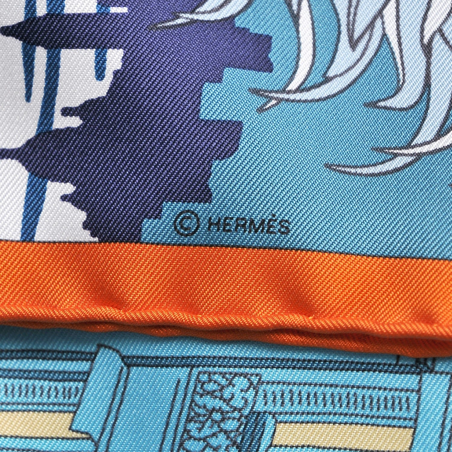 Hermes Silk Space Shopping Au Faubourg Pocket Square Bleu Orange Vert 7 of 7