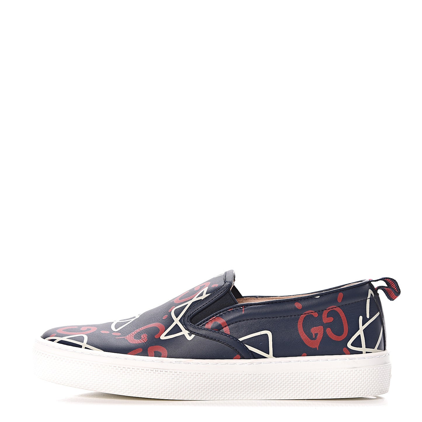 Calfskin GucciGhost Print Womens Slip On Sneakers 36.5 Blue Agata Hibiscus Red