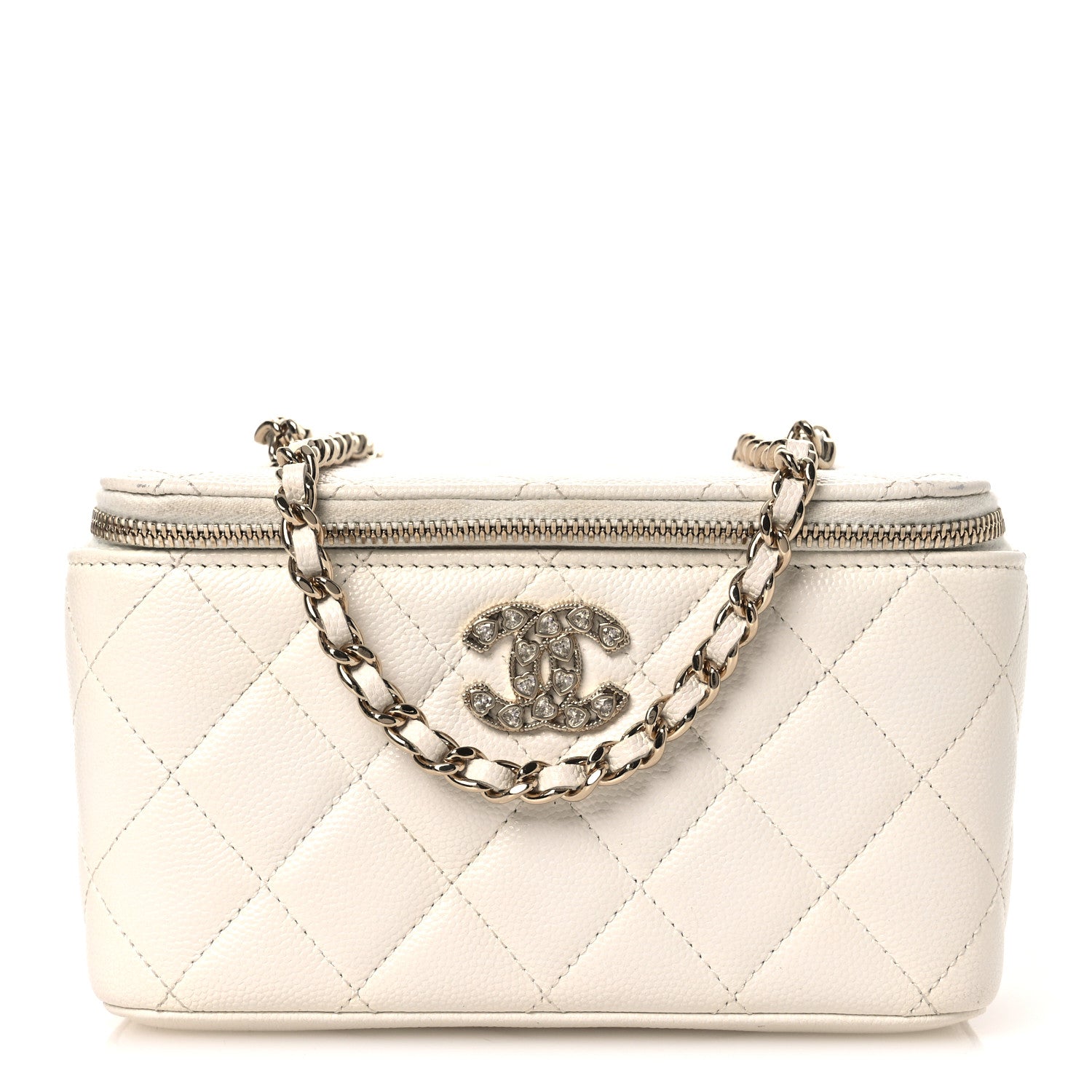 Chanel Caviar Quilted Crystal Hearts Small Vanity Case With Chain White 1 of 15