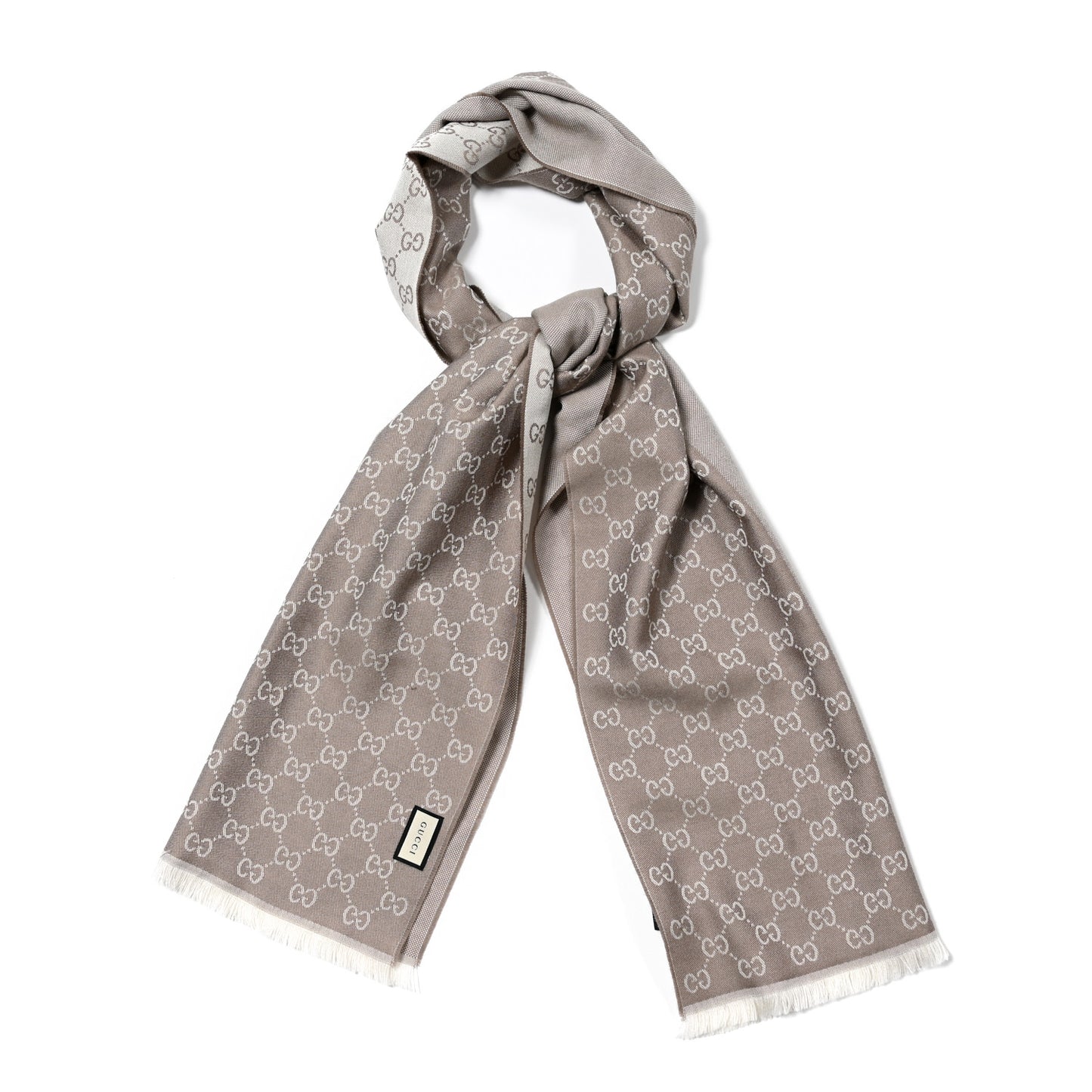 Wool GG Monogram HalfGG Fringe Scarf Ivory Beige