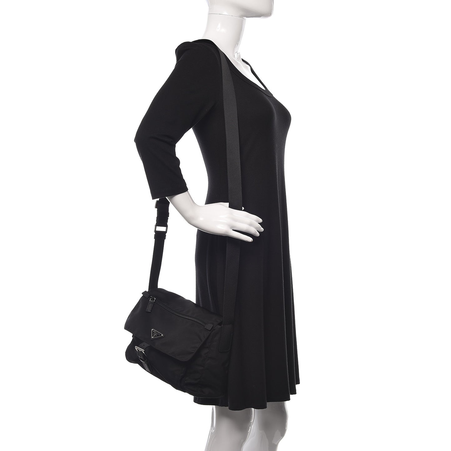 Nylon Vela Saffiano Single Buckle Messenger Shoulder Bag Black