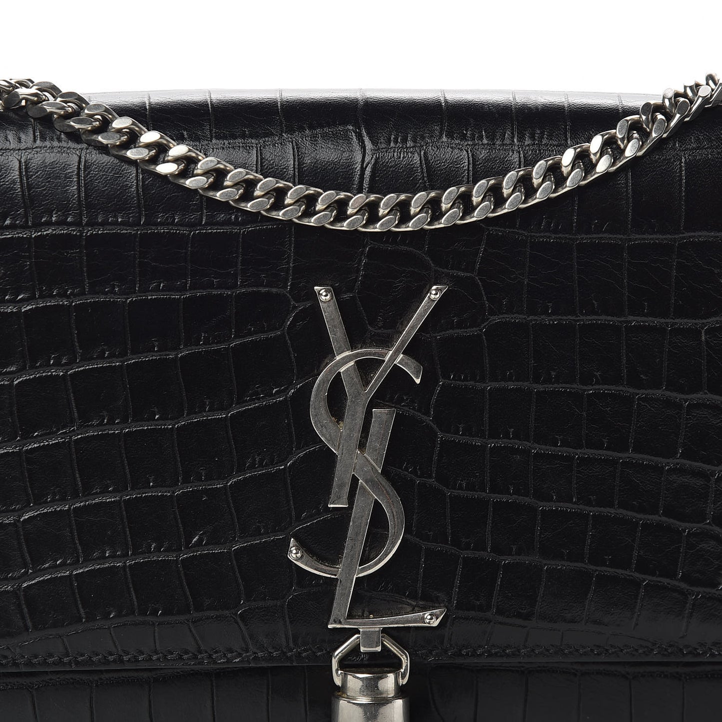 Calfskin Crocodile Embossed Small Classic Monogram Kate Tassel Satchel Black