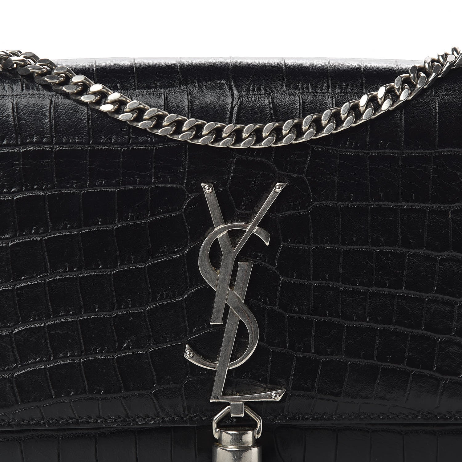 Saint Laurent Calfskin Crocodile Embossed Small Classic Monogram Kate Tassel Satchel Black 9 of 9