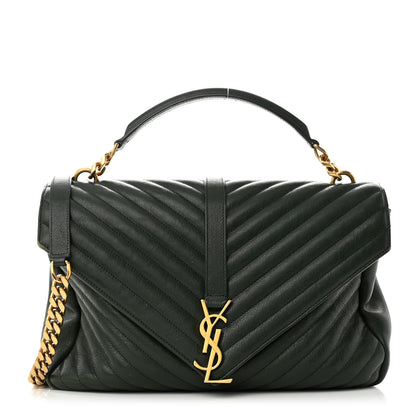 Saint Laurent Sheepskin Matelasse Chevron Monogram Large College Satchel Dark Green 1 of 10