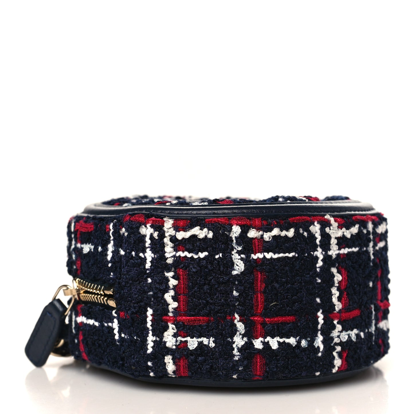 Tweed Quilted Round Filigree Clutch With Chain Navy Blue