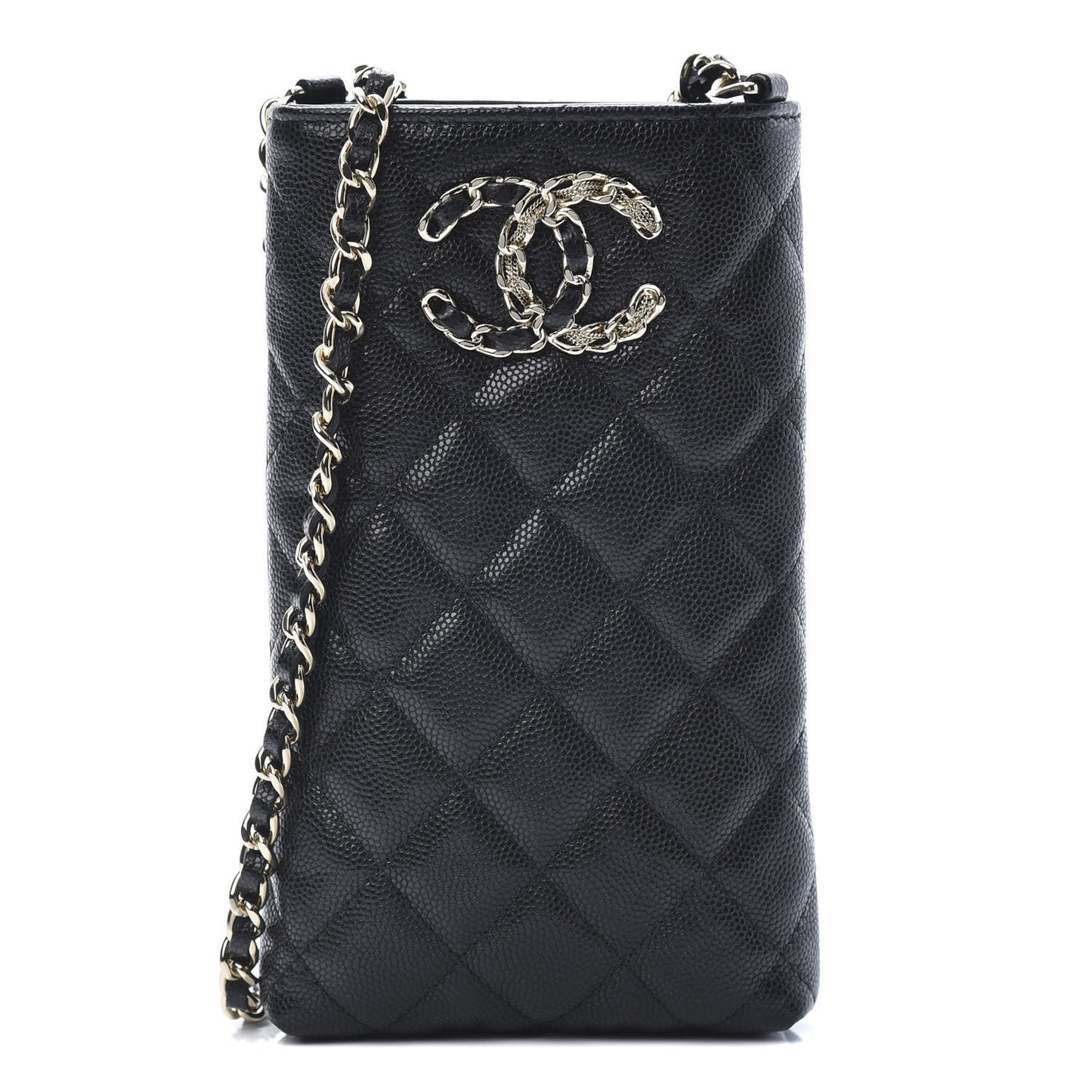 Caviar Quilted French New Wave Phone Holder With Chain Black