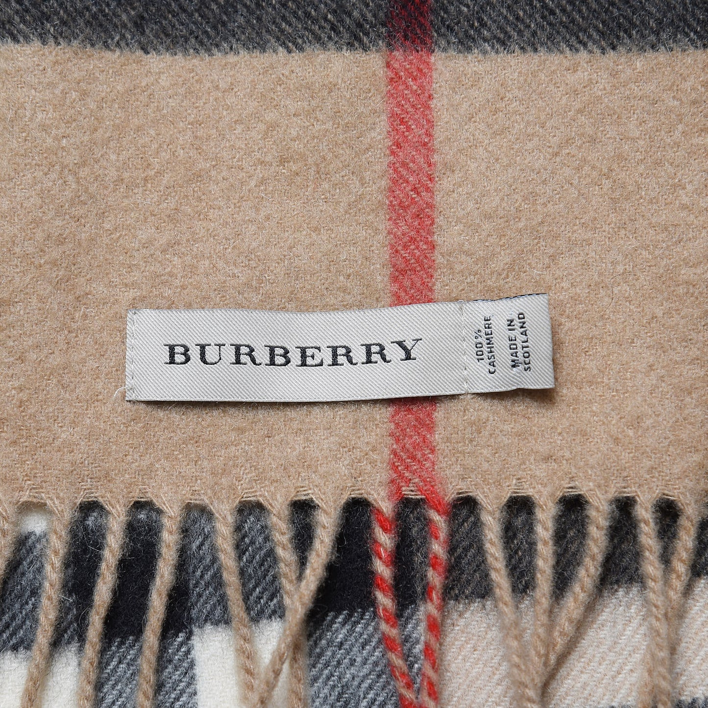Cashmere Giant Check Fringe Scarf Camel