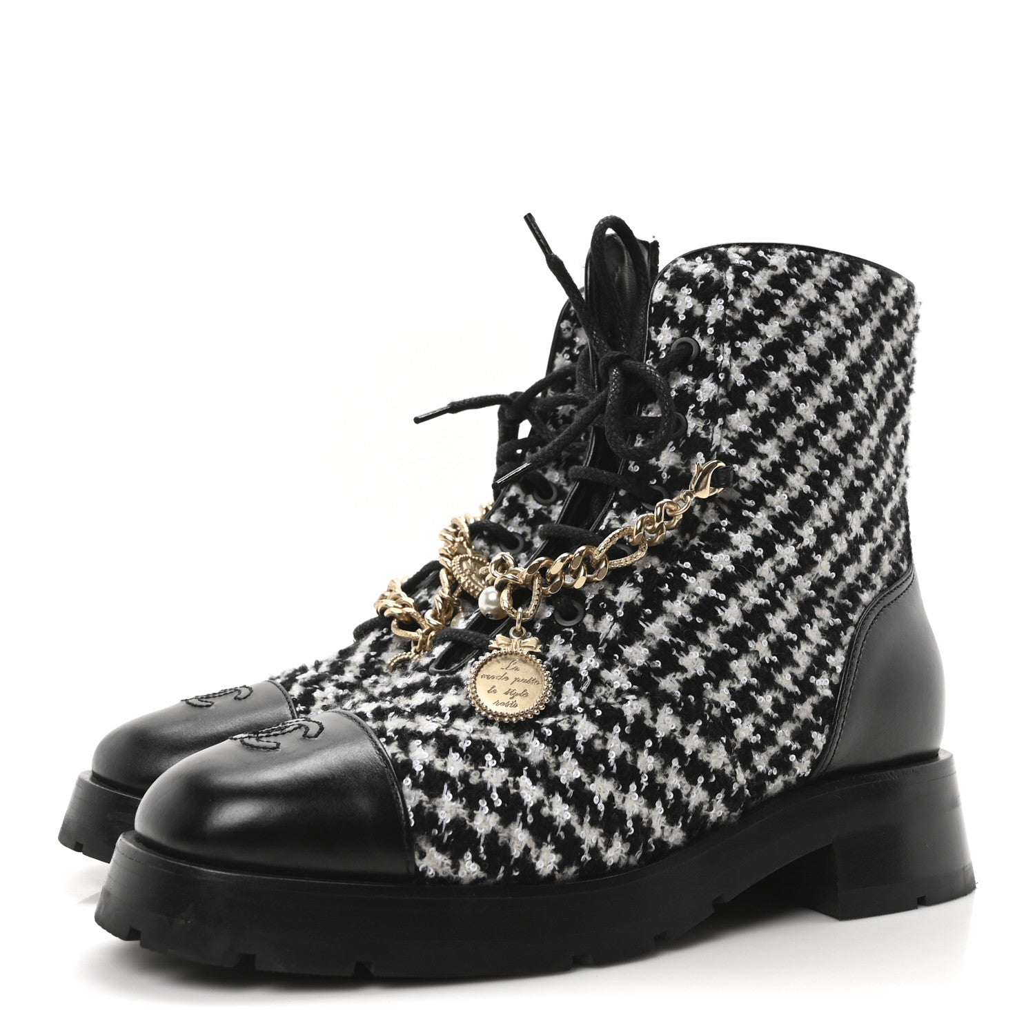 Chanel Wool Tweed Calfskin Chain Lace Up Combat Boots 40 Black
