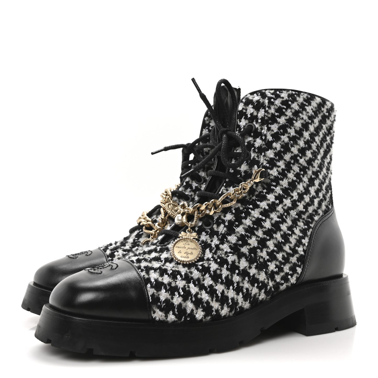 Wool Tweed Calfskin Chain Lace Up Combat Boots 40 Black White