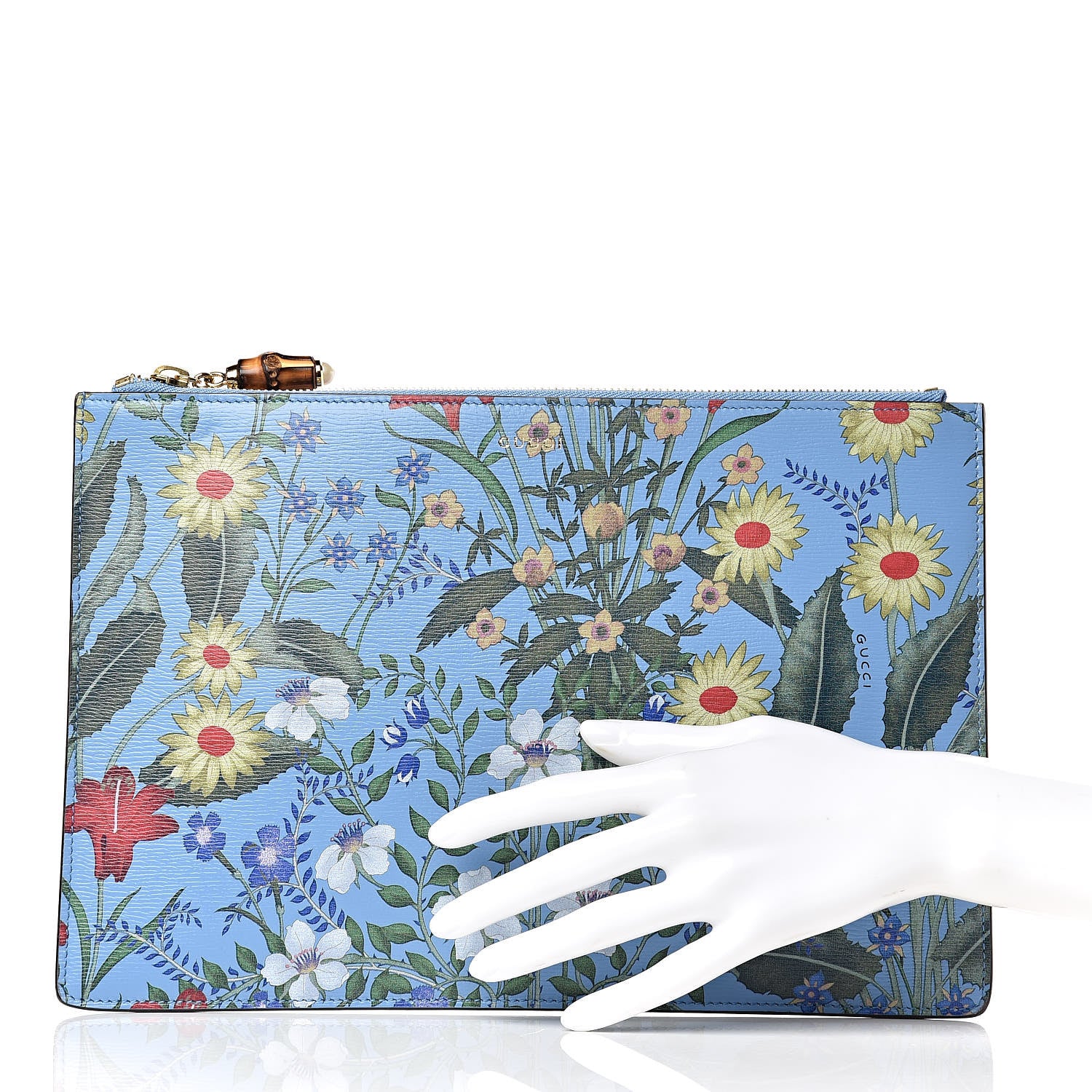 Gucci Calfskin Bamboo New Flora Zip Pouch Azure 2 of 10