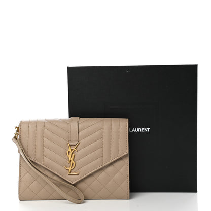 Saint Laurent Grain De Poudre Textured Mixed Matelasse Triquilt Monogram Clutch Dark Beige 7 of 7