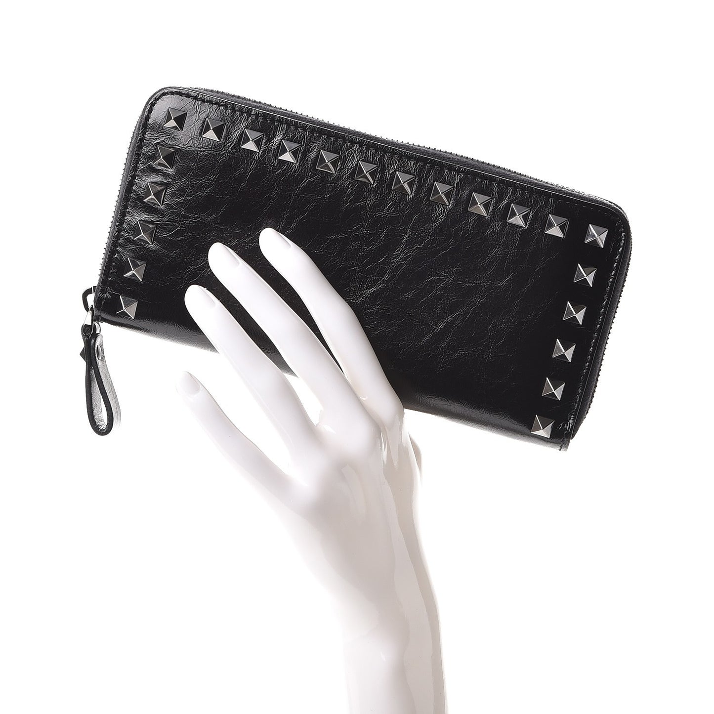 Craquele Calfskin Rockstud Zip Around Wallet Black