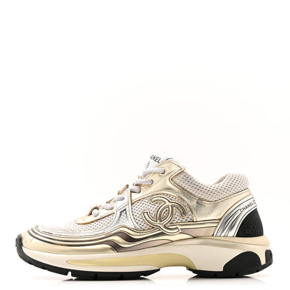 Chanel Fabric Laminated Calfskin Stretch CC Sneakers 36.5 White Gold Silver 1 of 13