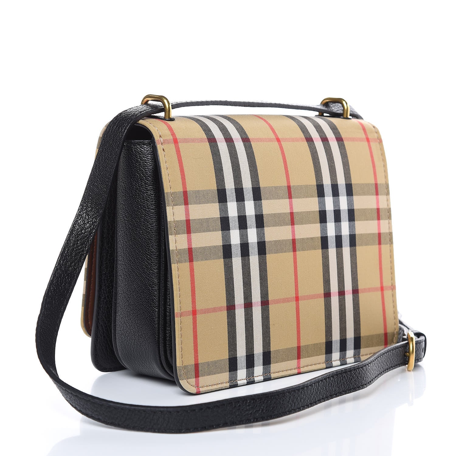 Burberry Goatskin Cotton Canvas Vintage Check Small D-Ring Bag Black Antique Yellow 3 of 11