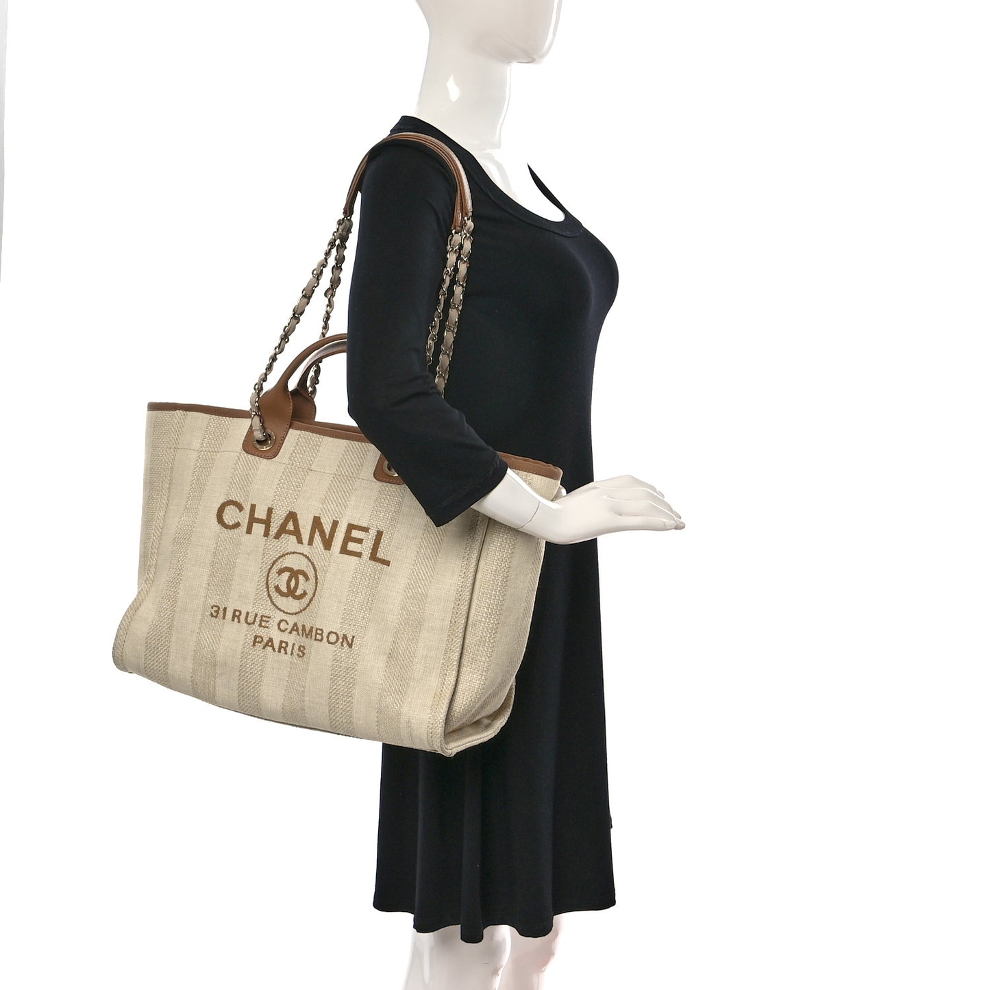 Mixed Fibers Striped Medium Deauville Tote Beige
