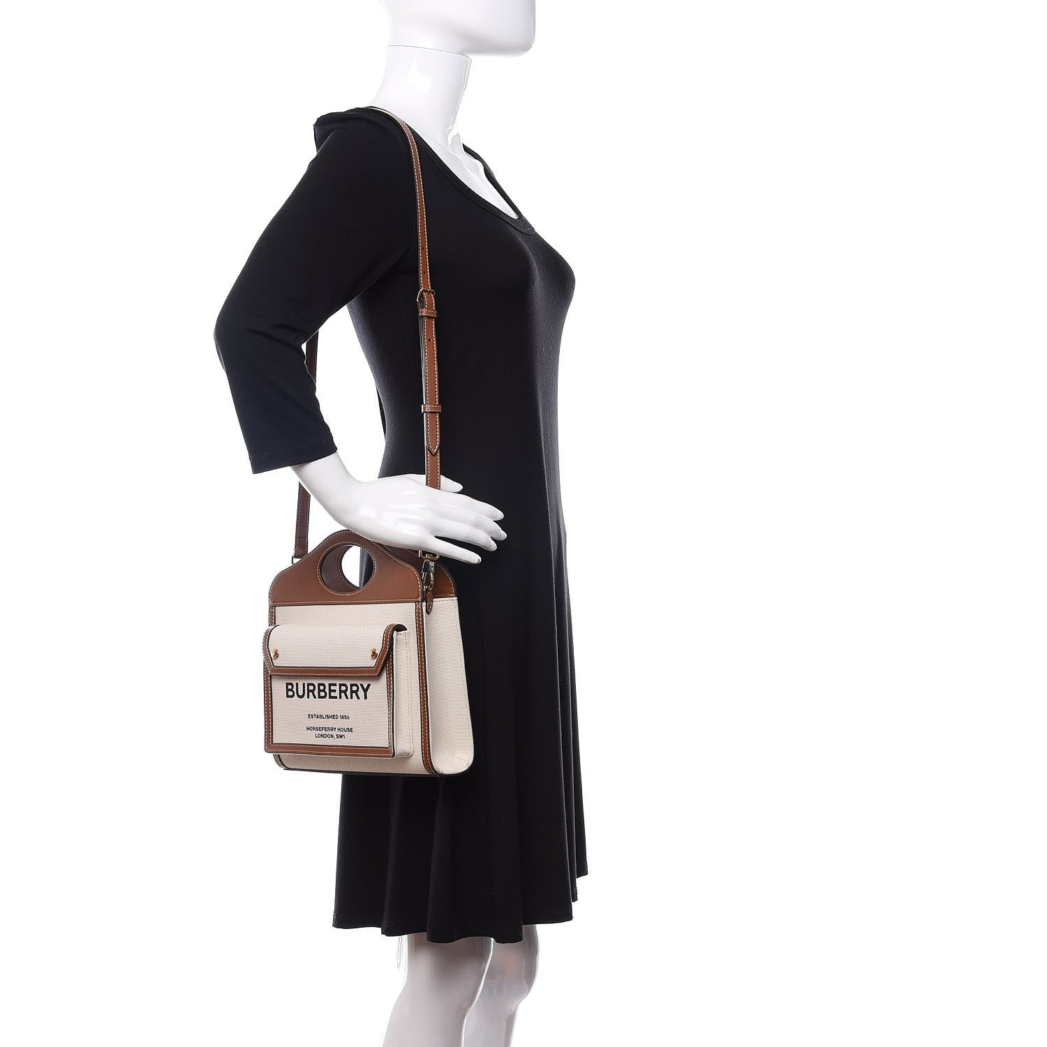 Burberry Canvas Smooth Calfskin Two Tone Mini Pocket Bag Natural Malt Brown 2 of 11