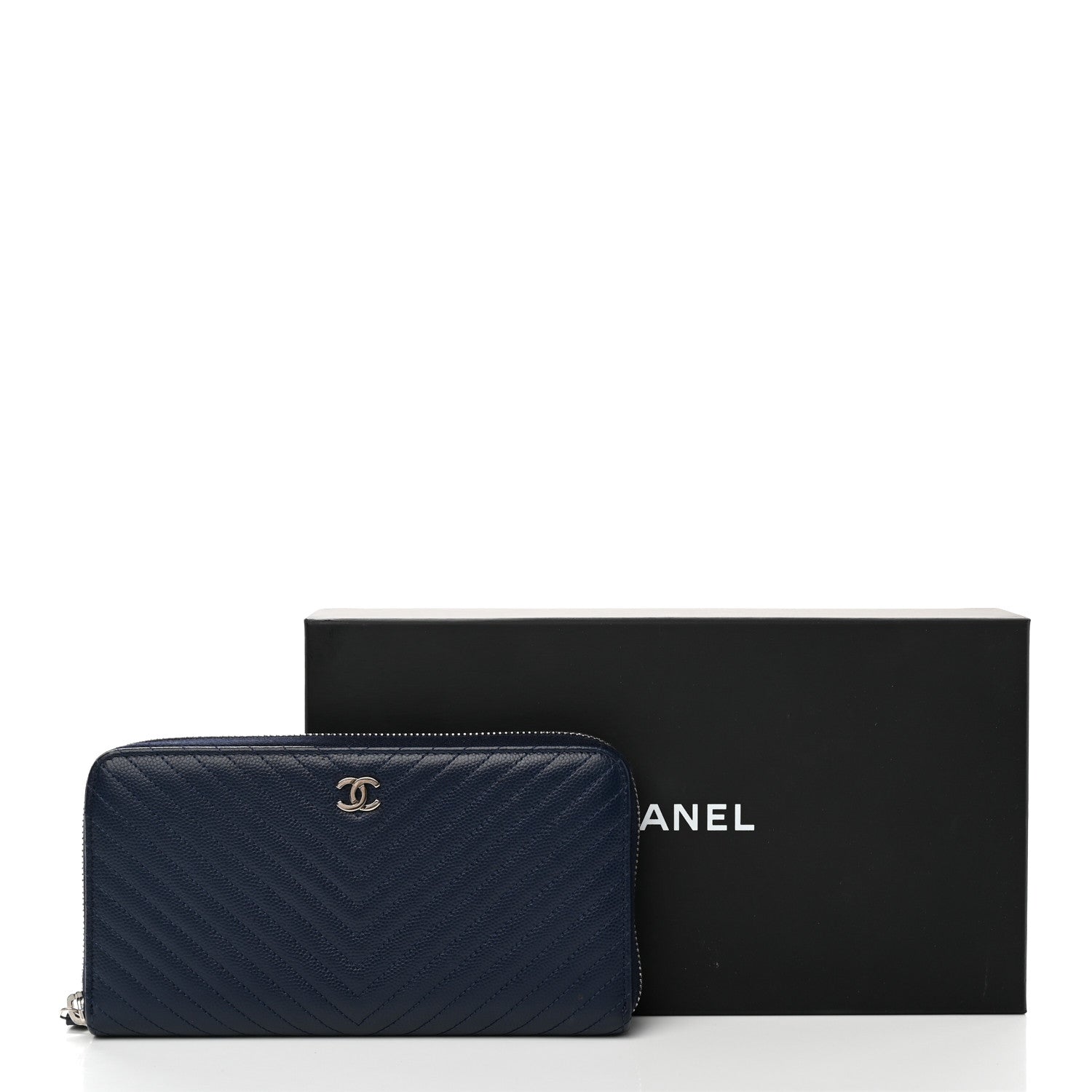 Chanel Caviar Chevron Quilted Large Gusset Zip Around Wallet Navy 11 of 11