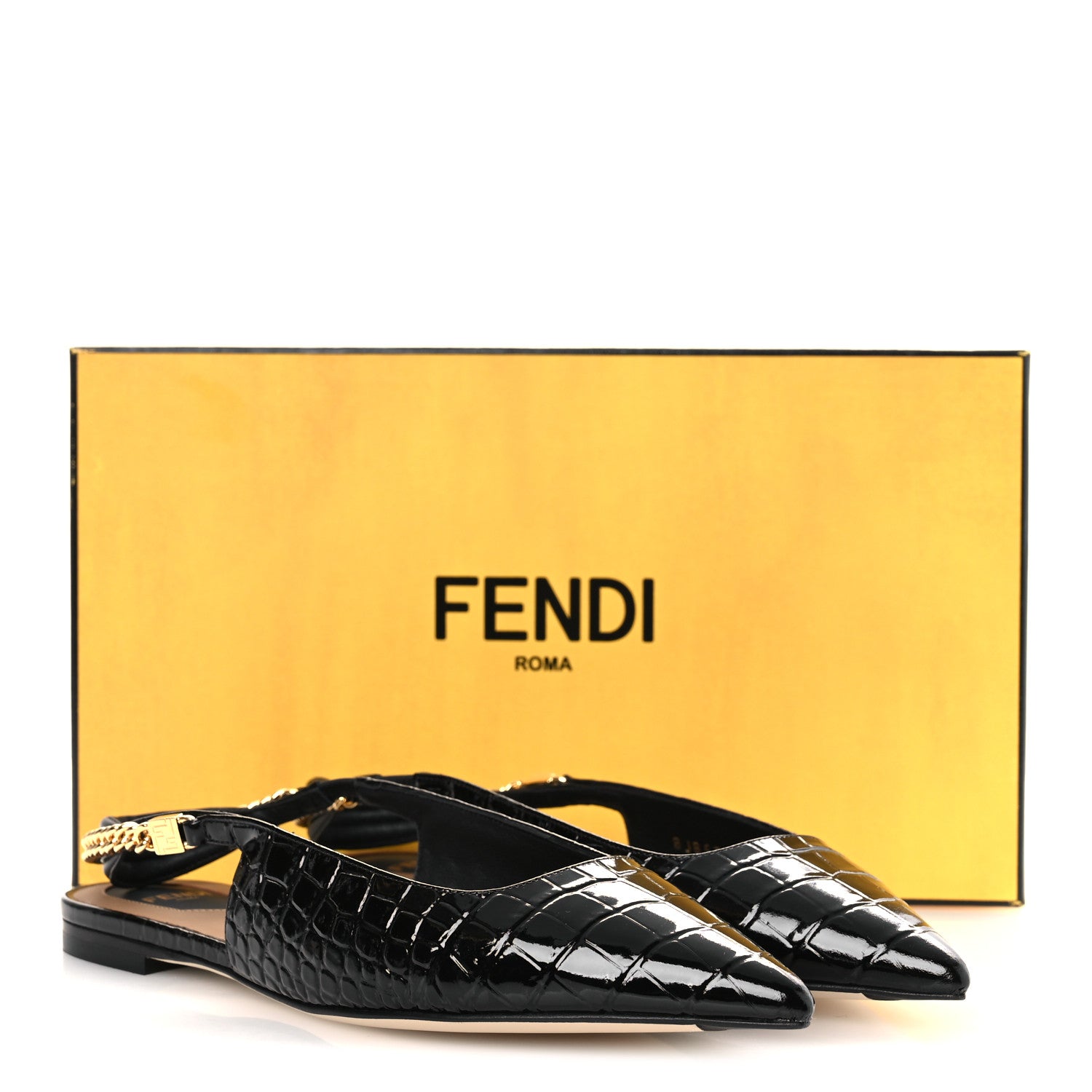 Fendi Vitello Stampa Crocodile Embossed Slingback Flats 37 Black 11 of 11