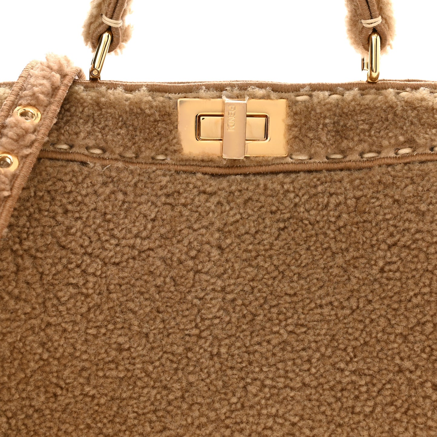 Curly Shearling Shiny Nappa Small Peekaboo I SEE U Satchel Camel