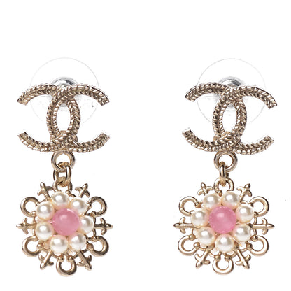 Chanel Pearl Resin CC Flower Drop Earrings Pink Gold 1 of 5