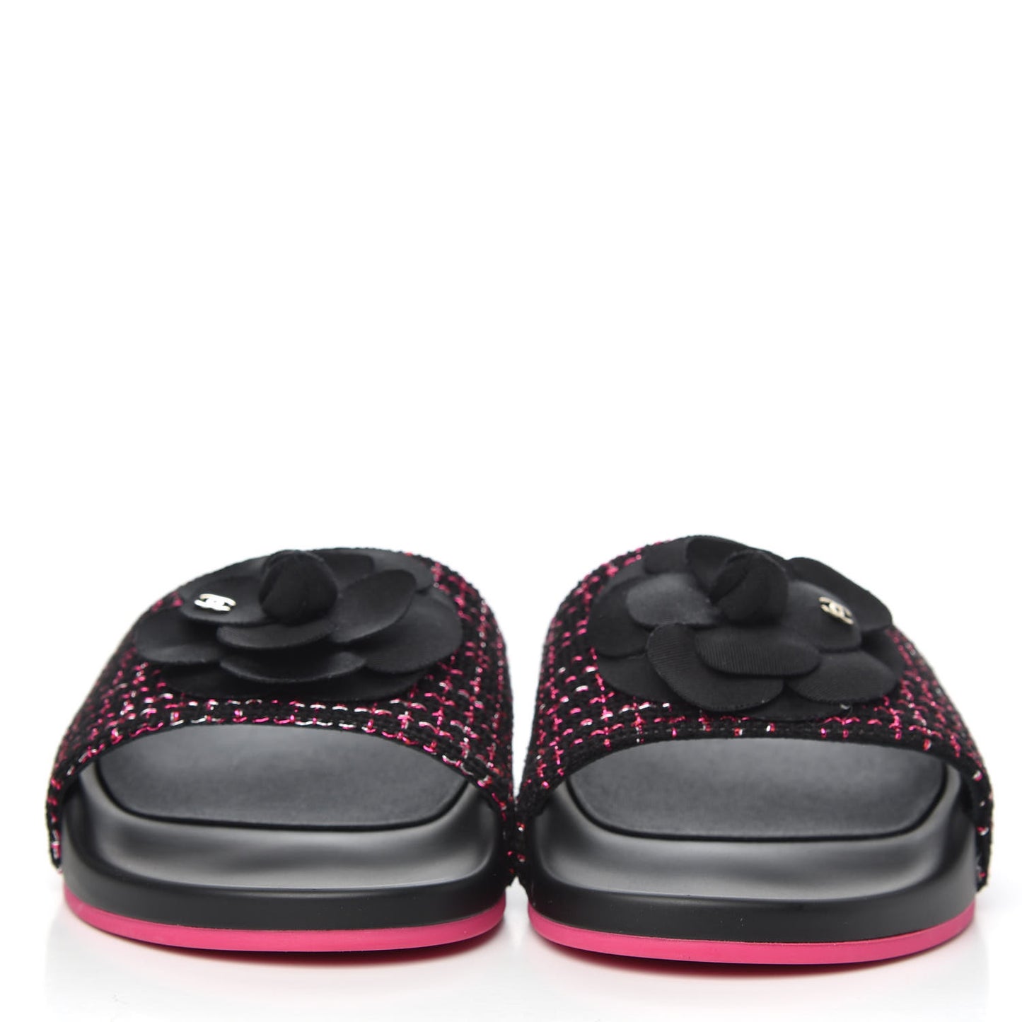 Tweed Grosgrain Camellia CC Flat Mules 40 Black Pink