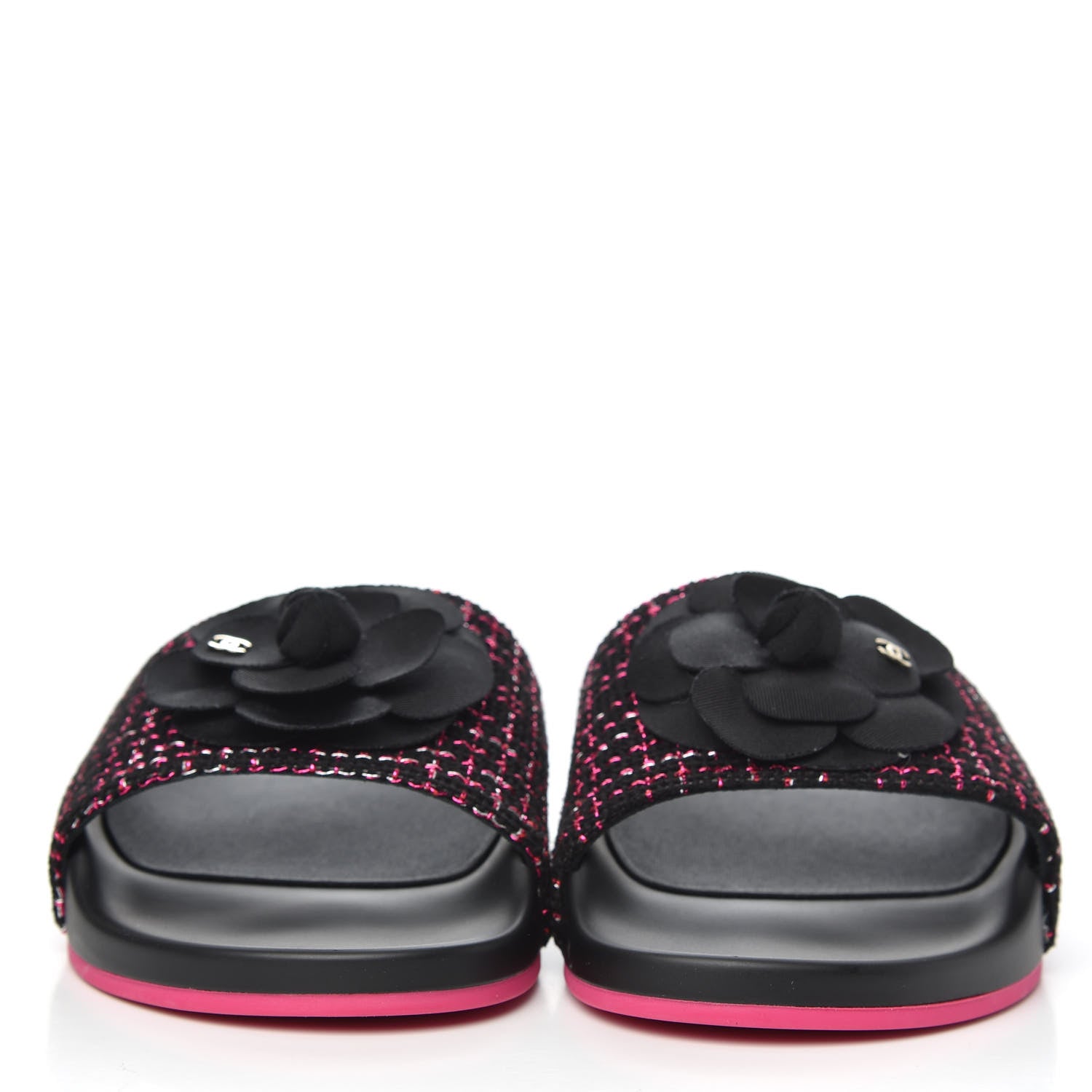 Chanel Tweed Grosgrain Camellia CC Flat Mules 40 Black Pink 2 of 8