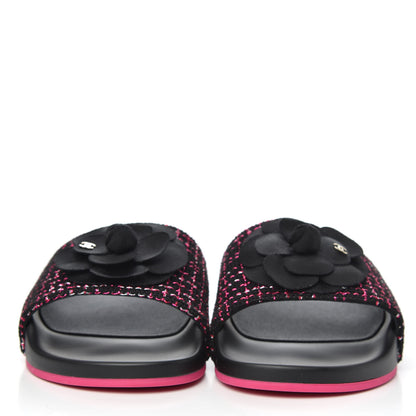 Chanel Tweed Grosgrain Camellia CC Flat Mules 40 Black Pink 2 of 8