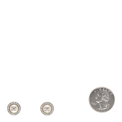 Chanel Pearl Crystal CC Round Earrings Silver 2 of 4