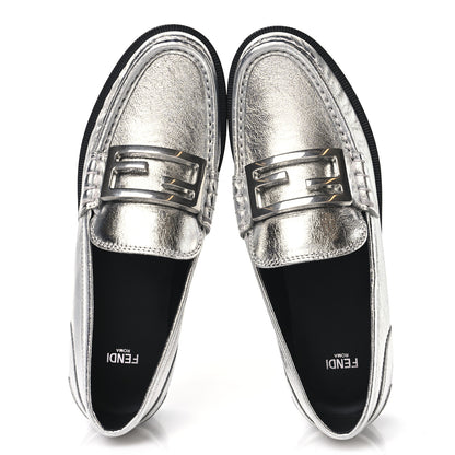 Fendi Metallic Vitello Womens Baguette Loafers 38 Argento 2 of 8