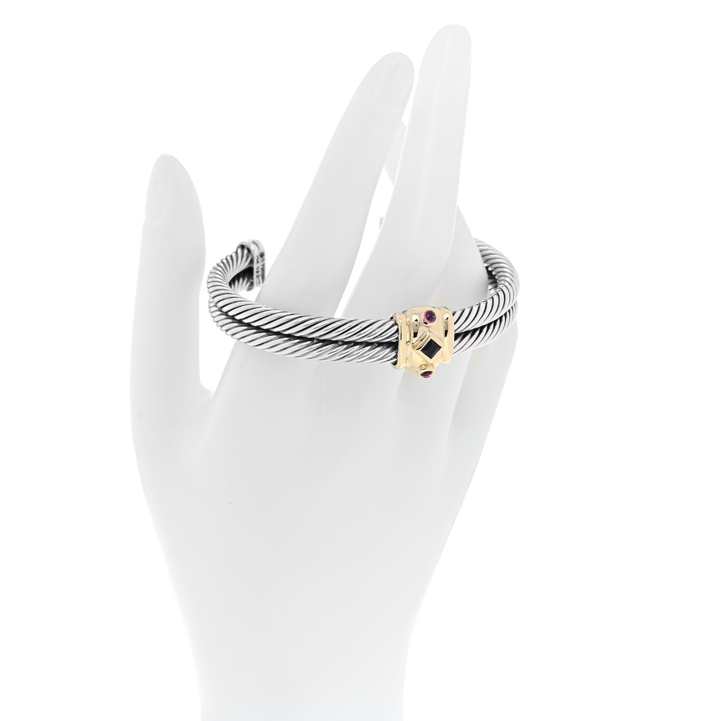 Sterling Silver 14K Yellow Gold Amethyst Pink Tourmaline Renaissance Station Double Cable Bracelet