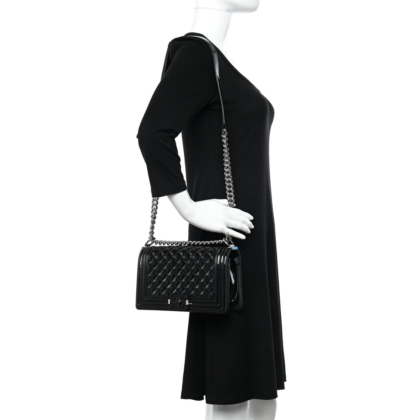 Patent Calfskin Quilted Medium Plexiglass Boy Flap Black