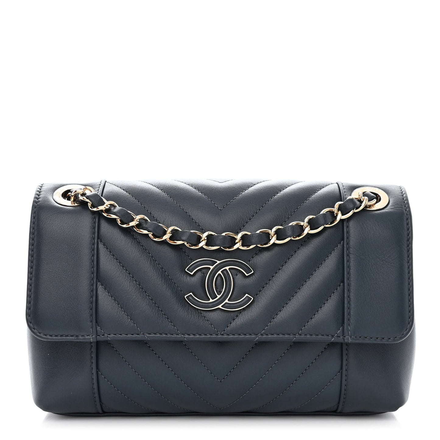 Calfskin Quilted Medium Daily Chevron Flap Navy Blue