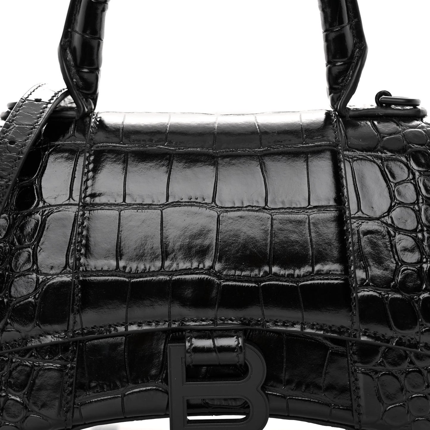 Shiny Calfskin Monochrome Crocodile Embossed Hourglass Top Handle Bag XS Black