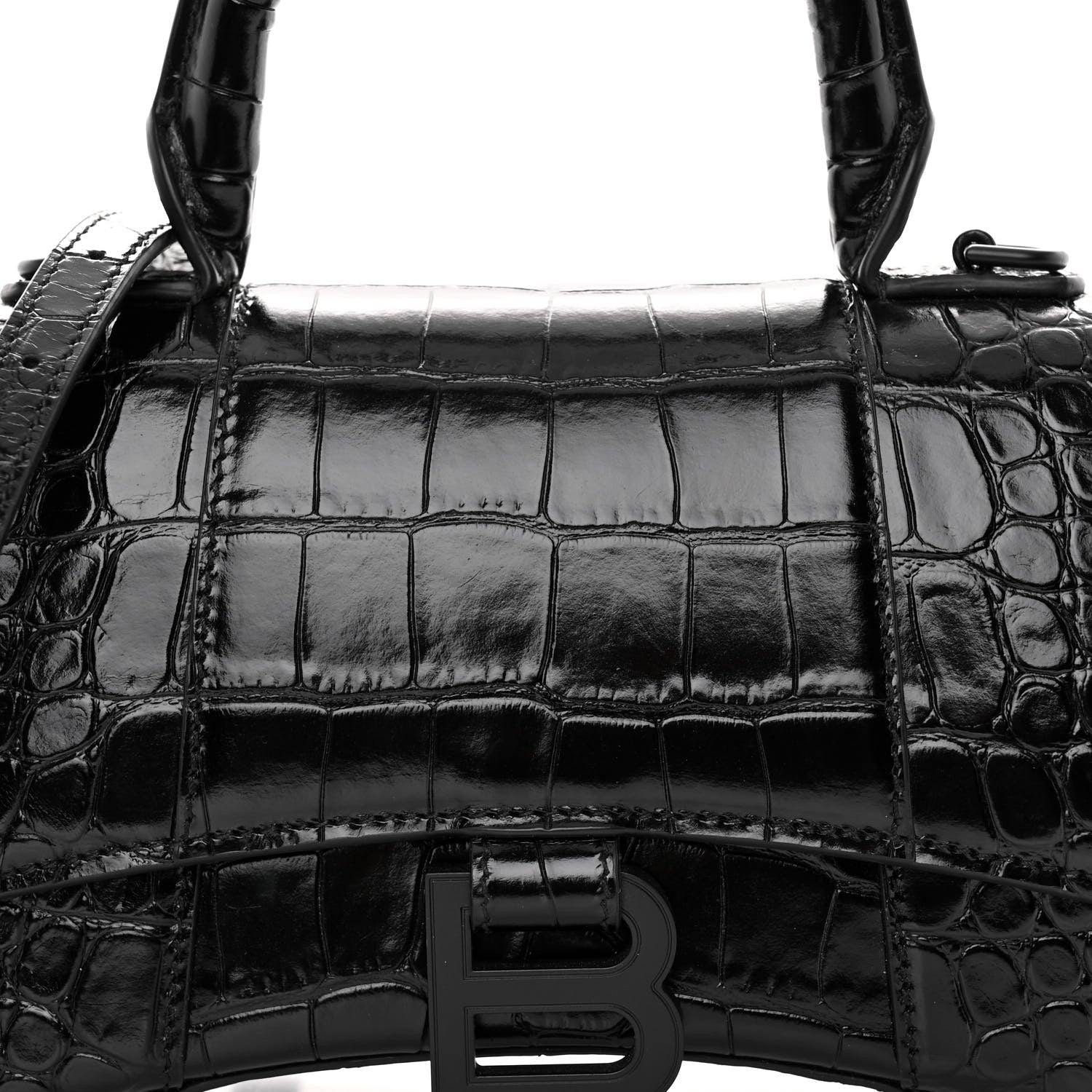 Balenciaga Shiny Calfskin Monochrome Crocodile Embossed Hourglass Top Handle Bag XS Black 7 of 10