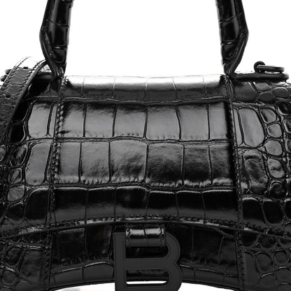 Balenciaga Shiny Calfskin Monochrome Crocodile Embossed Hourglass Top Handle Bag XS Black 7 of 10
