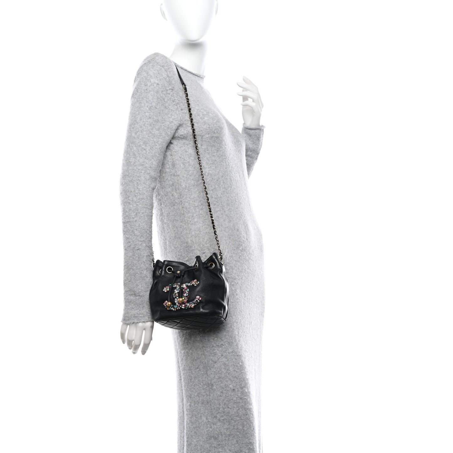 Lambskin Calfskin Quilted Mini Strass Mania Drawstring Bucket Bag Black