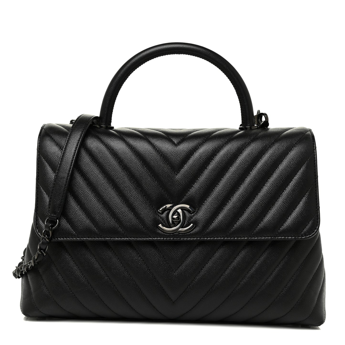 Caviar Chevron Quilted Medium Coco Handle Flap So Black
