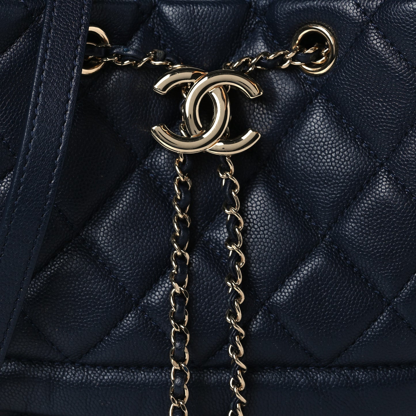 Caviar Quilted Rolled Up Bucket Drawstring Bag Navy