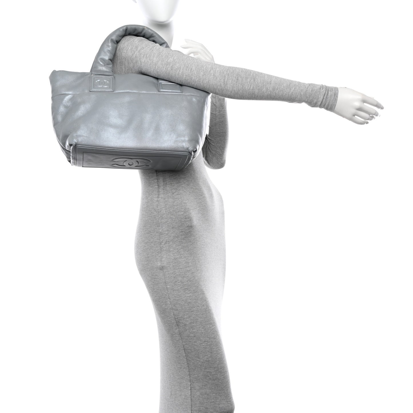 Metallic Lambskin Quilted Small Coco Cocoon Reversible Tote Light Grey