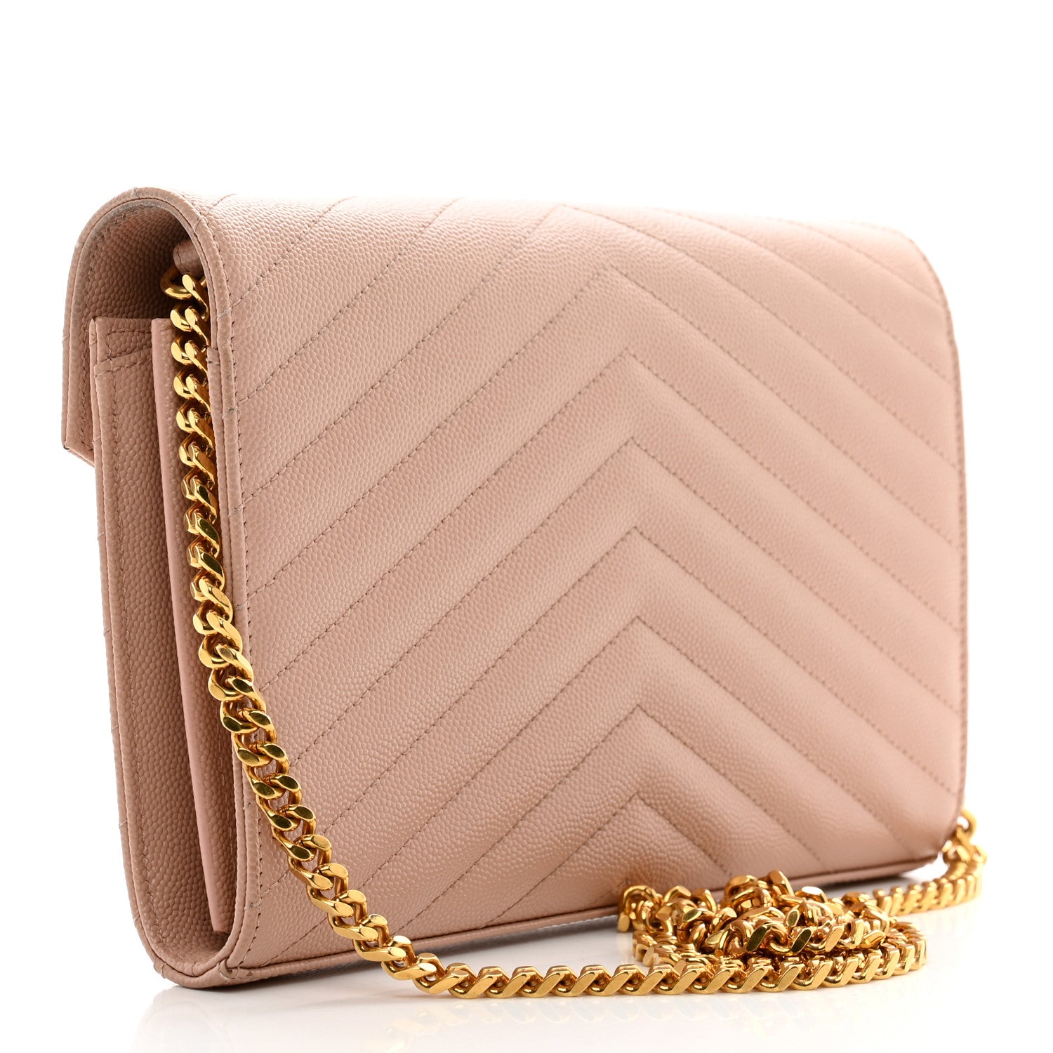 Saint Laurent Grain De Poudre Matelasse Chevron Monogram Chain Wallet Pale Pink 3 of 12