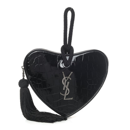 Saint Laurent Patent Crocodile Embossed Sac Coeur Heart Shaped Clutch Black 1 of 4